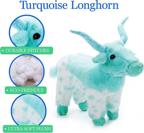 Miniatura 5 de The Petting Zoo Longhorn - Peluche de animal de peluche, regalos para niños, animales salvajes de la vida silvestre, juguete de peluche turquesa