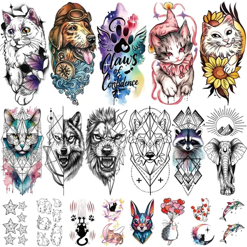 77 hojas de tatuajes temporales, 17 hojas de tatuajes de medio brazo de gatos, perros, conejos, leones y elefantes lindos para hombres, mujeres y