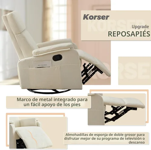 Miniatura 4 de Sillas reclinables Korser, Silla reclinable giratoria para adultos, Silla mecedora Glider, Silla reclinable pequeña para guardería para sala de Beige