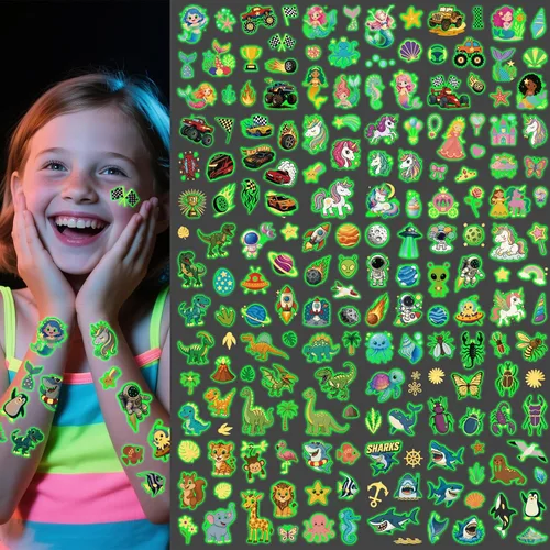 181 piezas de 30 hojas de tatuajes temporales luminosos para niños, tatuajes con purpurina que brillan en la oscuridad para niños y niñas, Brillo