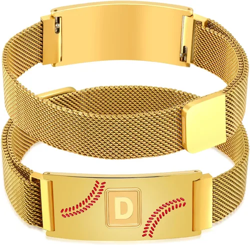 Miniatura 25 de Fervia Regalos de graduación de Pascua para hombres, pulsera con inicial de béisbol, color negro, plateado, dorado, acero inoxidable, pulseras