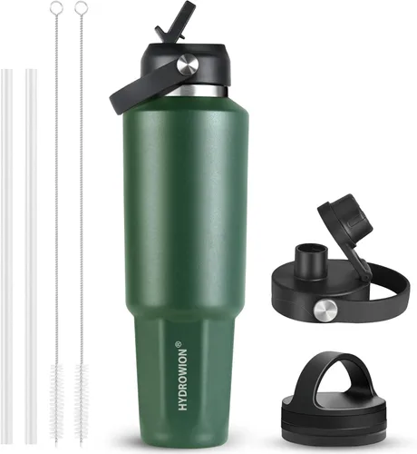 Miniatura 55 de HYDROWION Botella de agua de acero inoxidable, 32 onzas, boca ancha, doble pared, aislada al vacío, con tapa de pajilla, tapa de boquilla y tapa