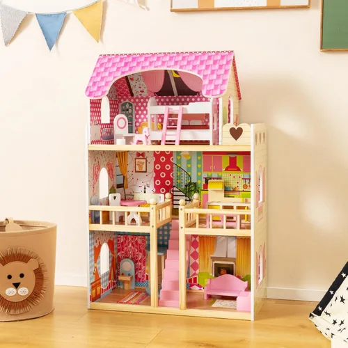 Miniatura 2 de HONEY JOY Casa de Muñecas Rosa, Casa de Muñecas de Madera para Niños con Balcón y Escaleras, 15 Piezas de Accesorios y Muebles Incluidos, Juguete