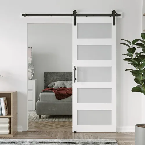 Miniatura 16 de Puerta corrediza de granero de vidrio de 5 paneles de 42 x 84 pulgadas con kit de herrajes de 7 pies incluido, fácil montaje con agujeros Blanco