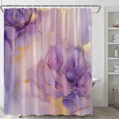 Cortina de ducha con diseño de mármol morado, diseño abstracto de rosas y violetas moradas y violetas, textura elegante, colorido, magnífico,