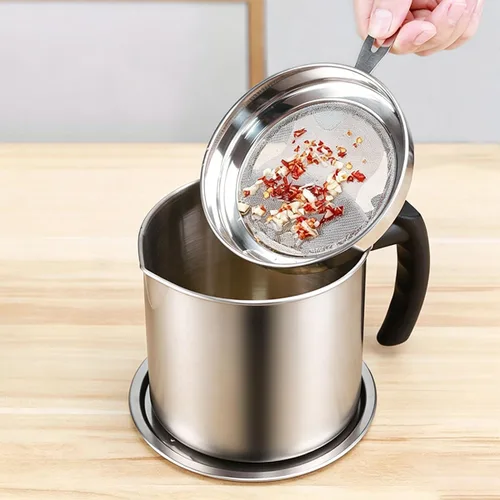 Miniatura 2 de Contenedor de grasa con filtro de malla fina olla tanque de almacenamiento de aceite de cocina (1.8 L plateado)