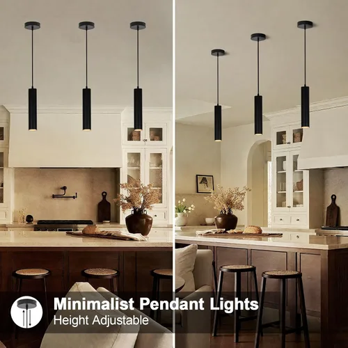 Miniatura 2 de Paquete de 2 luces colgantes modernas negras, lámpara colgante minimalista LED para isla de cocina, cable de luz colgante de tubo largo ajustable