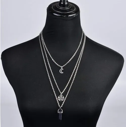 Miniatura 2 de MJartoria Collar de pentagrama de luna collar de chakra de cristal colgante con dije cadena de aleación multicapa conjunto de gargantilla joyería