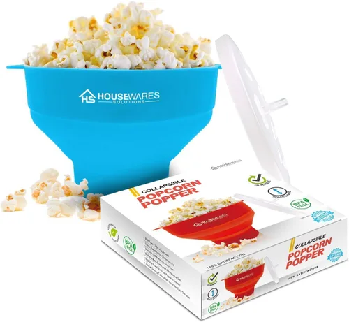 BRENSTEN - Tazón plegable de silicona para palomitas de maíz con aire caliente para microondas con tapa y asas - Aqua Aguamarina