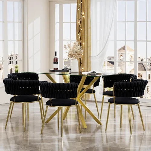 Miniatura 27 de Juego de mesa de comedor de cristal negro de 47 pulgadas para 4, juego de mesa de cocina minimalista moderno y 4 sillas de comedor de terciopelo