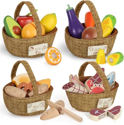 Lehoo Castle - Juego de comida de madera, alimentos de juguete para niños pequeños, accesorios de cocina de simulación, frutas y verduras de corte