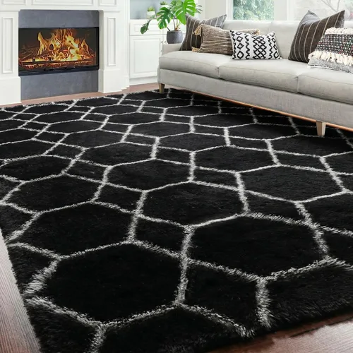 Miniatura 44 de ONASAR Alfombras de área para sala de estar y dormitorio, alfombra esponjosa lavable de 5x8 pies gris y blanca, alfombra de piso suave, afelpada