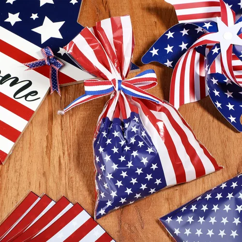 Miniatura 5 de Tenare 100 bolsas patrióticas de celofán de regalo a granel, de plástico, rojo, blanco, azul, bandera estadounidense, bolsas de celofán, bolsas de 4
