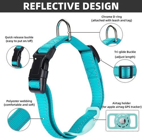 Miniatura 6 de Collar para perro, compatible con AirTag, collar de nailon para cachorros para perros pequeños, verde azulado, XS: cuello de 8 a 12 pulgadas