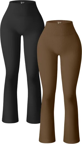 OQQ - Pantalones deportivos de yoga de 2 piezas para mujer, tela acanalada, sin costuras, de cintura alta, leggings acampanados