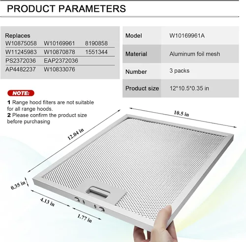 Miniatura 7 de Reemplazo de filtro de campana extractora W10169961A actualizado (3 piezas) de Techecook, filtro de grasa para campana de malla de aluminio de 5