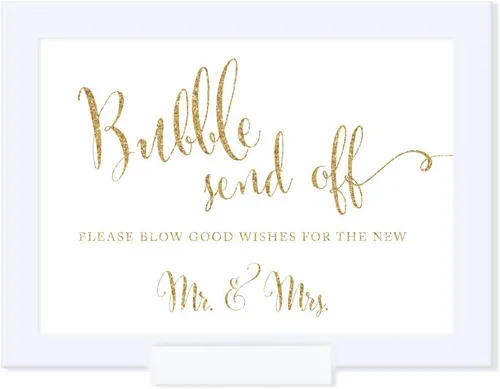 Andaz Press Letreros de fiesta enmarcados para boda, impresión de purpurina dorada, 5 x 7 pulgadas, Bubble Send Off Please Blow Good Wishes for the