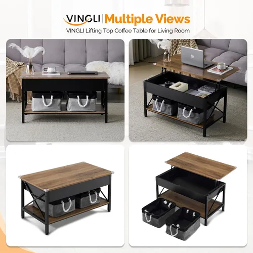 Miniatura 5 de VINGLI Mesa de centro elevable de 36" con contenedores de almacenamiento de tela gratis, mesas de centro negras rústicas de granja para sala