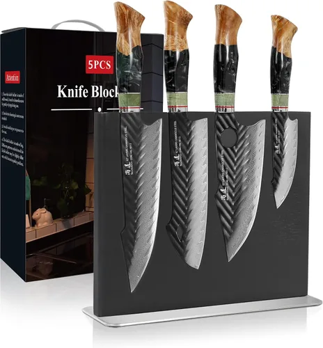 Miniatura 10 de SHANGDAO Juego de cuchillos de cocina de Damasco con bloque magnético para cuchillos, 5 cuchillos de cocina afilados hechos de acero japonés