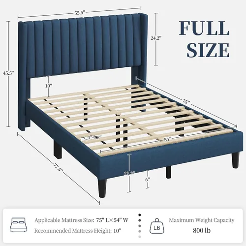 Miniatura 2 de Yaheetech Armazón de Cama Tamaño Completo, Cama Plataforma Tapizada con Cabecera de Borde Alado, Tela Acolchada Cuadrada/Base de Colchón/Soporte