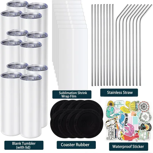 Miniatura 2 de Juego de 12 Vasos de Sublimación de 20 oz, Vasos de Acero Inoxidable de Pared Doble Delgados y Rectos en Blanco, Vaso de Sublimación con Tapa