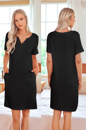 Miniatura 5 de Ekouaer Camisón de enfermería a rayas para mujer, manga corta, vestido de dormir para lactancia materna, partobata de trabajo