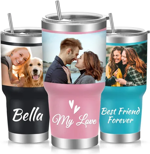 Vaso de fotos personalizado de 30 onzas con tapa y pajita, tazas de café de acero inoxidable personalizadas, taza de viaje con nombre de imagen,