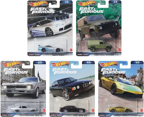 Hot Wheels Fast & Furious Premium - Paquete de 5 unidades 2023 (HNW46‑956D) | Toyota Supra, Land Rover Defender, Chevy Nova SS, BMW M5 y Lamborghini