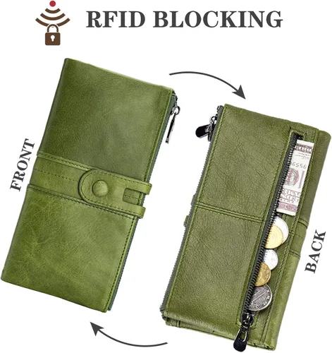 Miniatura 3 de Roulens Cartera para mujer de gran capacidad de cuero genuino plegable con bloqueo RFID tarjetero con bolsillo con cremallera