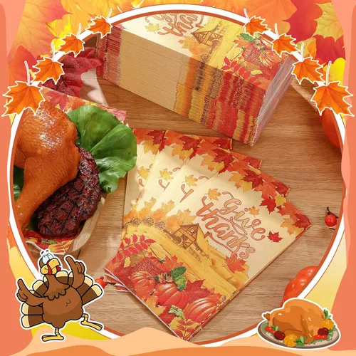 Miniatura 7 de Karenhi 150 servilletas de papel desechables de 3 capas de Acción de Gracias, servilletas de papel desechables de calabaza de otoño, toallas