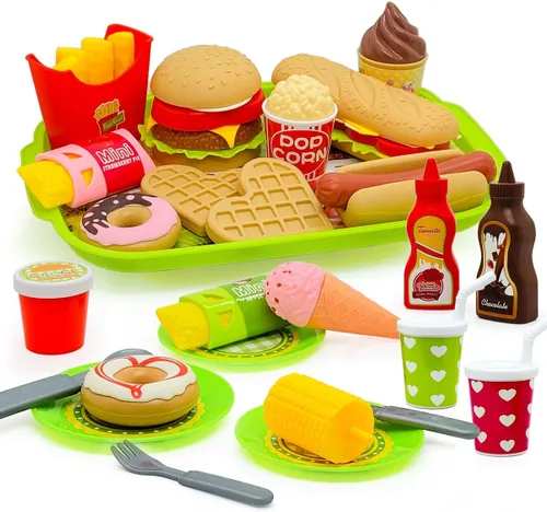 Juego de comida de cocina de juego de 26 piezas, juguetes de postre con hamburguesa, hot dog, papas fritas, bebidas y bandeja, accesorios de cocina