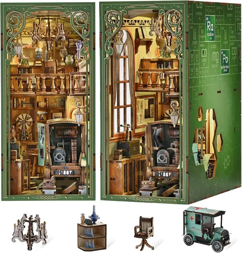 Miniatura 9 de MiniCity Kit de rincón de libros, kit de bricolaje en miniatura para casa de muñecas, rompecabezas de madera 3D, decoración con luz LED