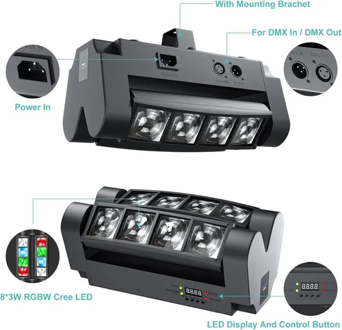 Miniatura 3 de BETOPPER Luz de escenario, luz de DJ de cabeza móvil para fiestas, luz LED de araña RGBW de 8 x 3 W, activada por sonido y control DMX-512