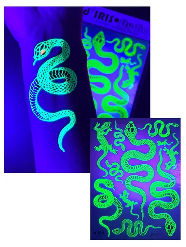 Tatuajes temporales reactivos a los rayos UV – 1 hoja de diseño de serpiente, pintura corporal, accesorios de festival de luz negra, suministros de