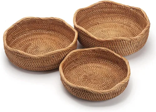 Miniatura 8 de Cestas de almacenamiento de frutas de ratán natural rectangulares de mimbre tejido para portallaves y control remoto, apilables, naturales, juego