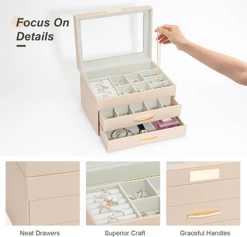 Miniatura 5 de V-LAFUYLIFE Organizador de joyas, caja de joyería de cuero de 3 niveles con 2 cajones, joyero para mujeres y niñas, caja de joyería de gran