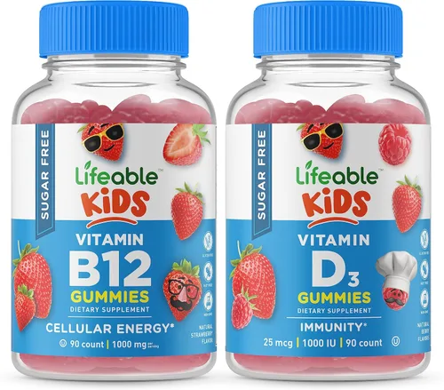 Lifeable Vitamina B12 sin azúcar para niños + vitamina D para niños, paquete de gomitas de gran sabor, suplemento vitamínico, sin gluten, sin OMG,