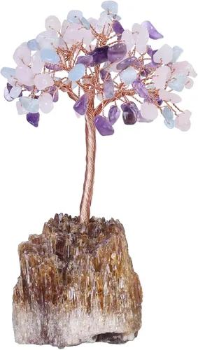 Miniatura 15 de mookaitedecor Árbol de cristal de peridoto natural sobre base de racimo de calcita ámbar, adorno de árbol de dinero de Feng Shui para decoración