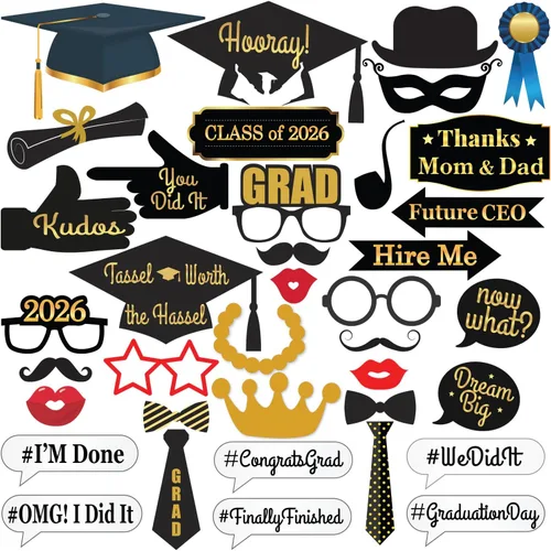 Miniatura 2 de KatchOn, Accesorios para cabina de fotos de graduación – Paquete de 40 Accesorios de fotos de graduación negro y dorado, decoraciones
