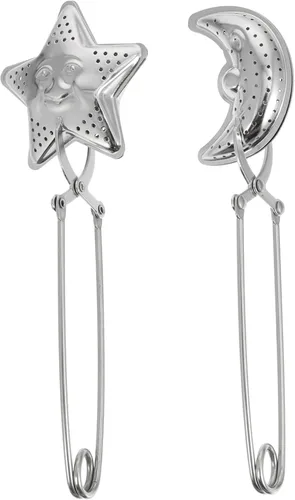 NUOBESTY Juego de 2 infusores de té de acero inoxidable con clip de agarre largo en coladores de té en forma de estrella y luna para preparar hojas