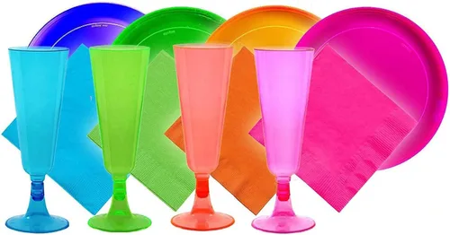 Miniatura 7 de Tiger Chef El paquete de 272 copas de champán neón Fiesta incluye platos de plástico duro, servilletas de papel neón y vasos de champán de plástico