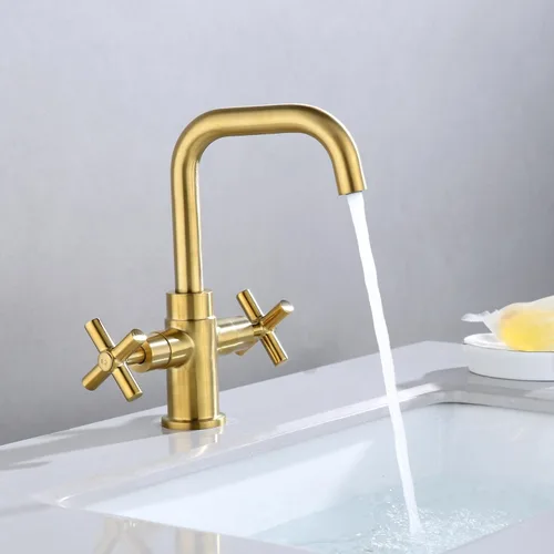 Miniatura 3 de Moderno grifo de lavabo de baño dorado cepillado, 4 pulgadas de un solo agujero o centro de 3 agujeros, mango cruzado de 2 asas, boquilla giratoria