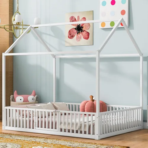 Miniatura 23 de Cama de metal de tamaño matrimonial con valla para niños, adolescentes, niñas, niños, cama de piso de casa, camas Montessori, se puede decorar marco