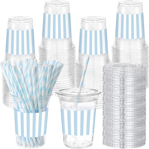 Miniatura 16 de Sliner 50 juegos de vasos de plástico a cuadros de 16 onzas con tapas y pajitas de papel, vasos desechables transparentes para fiesta de autos