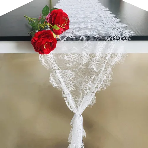 10 caminos de mesa de encaje blanco de 120 x 14 pulgadas, camino de mesa bohemio vintage con flores para banda de silla, camino de mesa rústico de