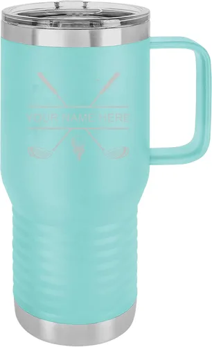 Vaso aislado de acero inoxidable de doble pared con grabado personalizado para palos de golf y golfista, taza de café de viaje de 20 onzas, asa,