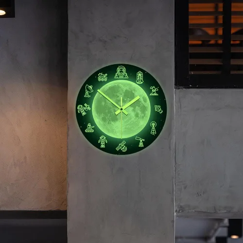 Miniatura 9 de The Geeky Days Reloj de pared que brilla en la oscuridad, diseño de luna de viaje espacial de 12 pulgadas, moderno, luminoso, silencioso y luminoso