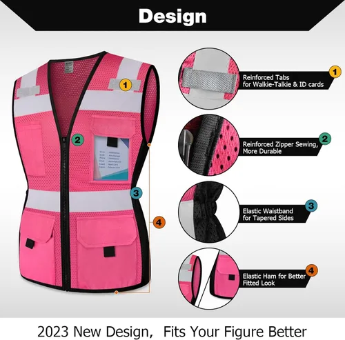 Miniatura 3 de TCCFCCT Chaleco de seguridad para mujer, chaleco reflectante de malla de 11 bolsillos con cremallera, chaleco de trabajo de construcción de neón