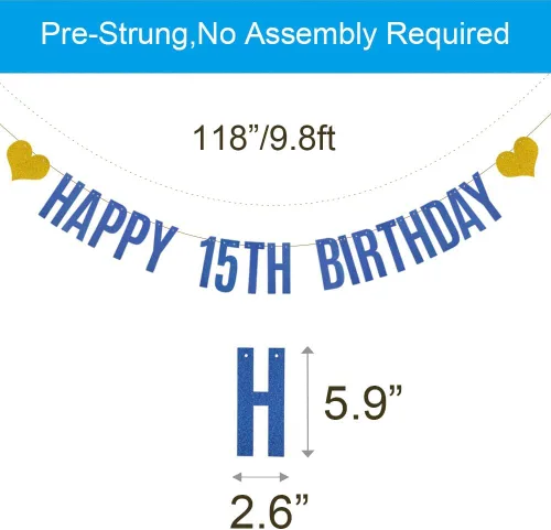 Miniatura 2 de Betteryanzi - Cartel de feliz cumpleaños 15, pre-encordado, guirnalda de papel con purpurina azul para suministros de decoración de fiesta