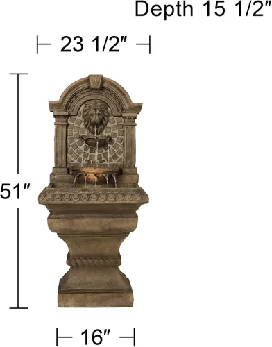 Miniatura 4 de Royal Lions Head - Fuente de suelo italiana grande de 51 pulgadas de alto para decoración al aire libre de piedra sintética con estatua de luz